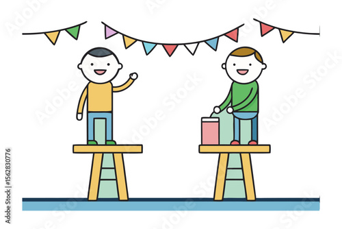 Two Friends on a Stool: Two cartoon character friends, standing on stools in front of colorful triangular flags create cheerful and inviting atmosphere. Perfect for illustrating moments of friendship.