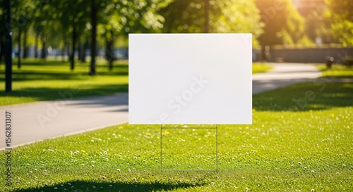 blank white sign on green lawn in sunny park

