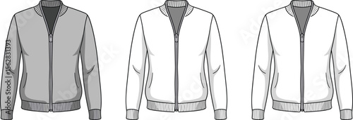 CAD drawing flat vector illustration of bomber jackets, men's outerwear fashion, zipper closure design, ribbed cuffs and hem, front view sketch, stylish garment layout template