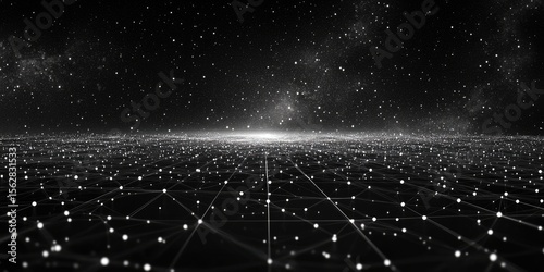 A wide shot of an endless network grid with white dots and connections on a black background, representing the concept of global data exchange in big data technology.