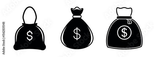 Minimal Black Silhouette Money Bag Icon with Dollar Symbol Vector Style Design