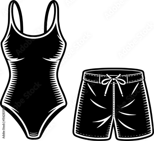 Bold black silhouette of swimsuit set with one-piece and board shorts, ideal for summer fashion designs