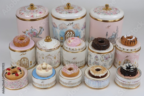 A collection of decorative, pink and gold ceramic containers, each topped with a lid and featuring intricate designs