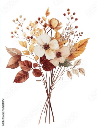 Autumnal bouquet of cream, peach, and brown flowers and leaves