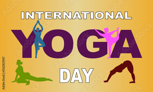 Banner with colorful silhouettes of women doing asana and meditation practice for International Yoga Day. on 21st June