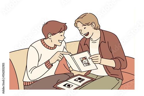 Photo Album Reflections: Two friends share a tender moment, reminiscing over old photographs, their smiles reflecting a shared history and the joy of remembering. 