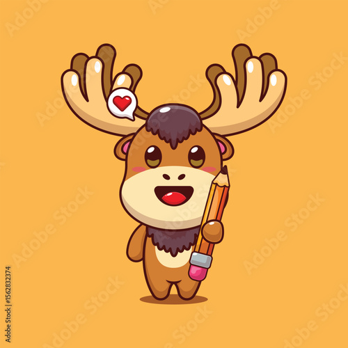 Cute moose holding pencil cartoon vector illustration