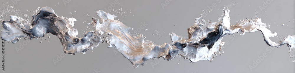 Naklejka premium A long shot of silver liquid with splashes and drops on a gray background in a horizontal format