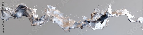 A long shot of silver liquid with splashes and drops on a gray background in a horizontal format