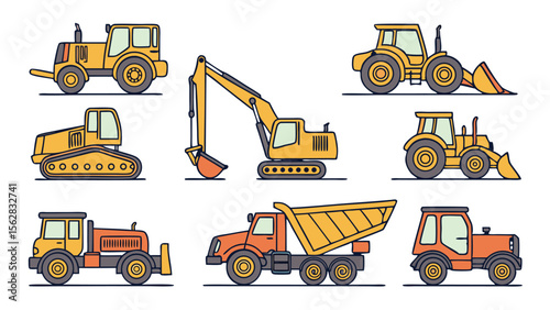 A collection of colorful illustrated construction vehicles including excavator bulldozer and dump truck designs