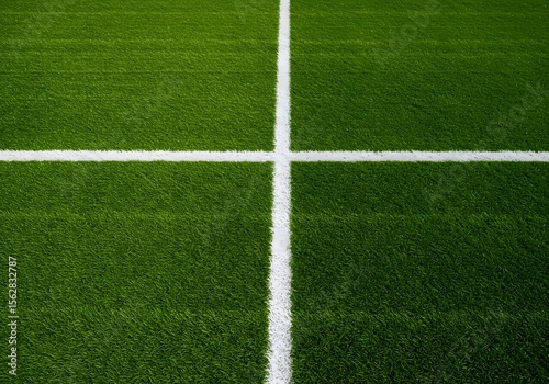 a green grass field with a thick white line running horizontally across the center.  wallpaper,  Thick horizontal white painted line is running across green grass turf in flat vector illustration