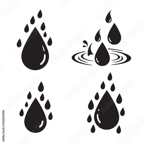 Collection of black water drop illustrations featuring a decorative ornament set for various design applications
