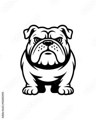 Black and white vector ircon of a fierce bulldog standing frontal symmetrical design, mascot logo concept for sports teams, branding, apparel