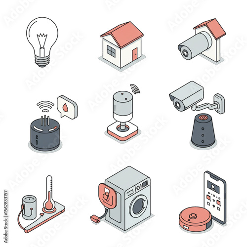 Smart home technology icons:  isometric illustrations of security cameras, smart speakers, lighting, appliances, and energy monitoring devices.