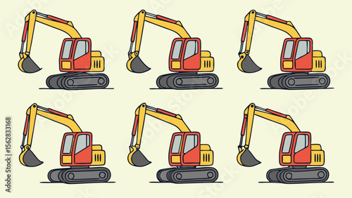 Cartoon excavator illustration in a repeating pattern showing the construction vehicle on a cream colored background