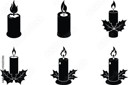 christmas candle with holly silhouette on white background
