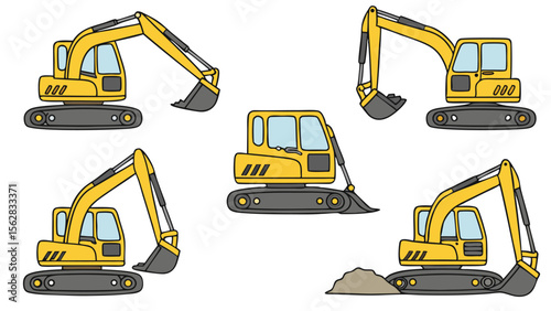 Collection of five vector illustrations depicting a yellow excavator in various working positions on a white background