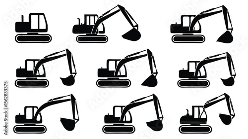 Collection of black silhouette excavator icons arranged on a white background perfect for construction themes