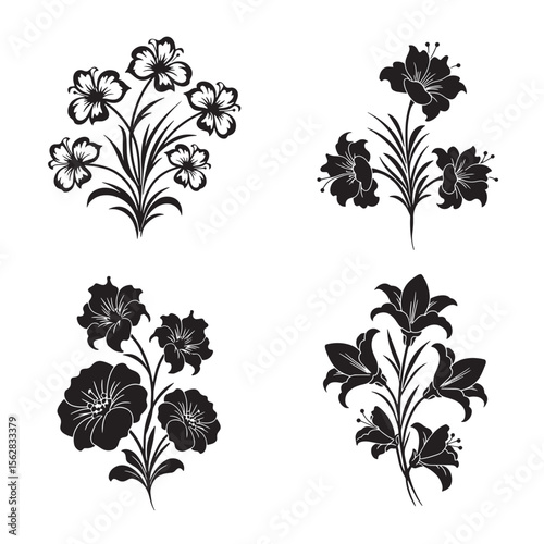 Elegant black and white floral ornament set featuring four unique flower arrangements