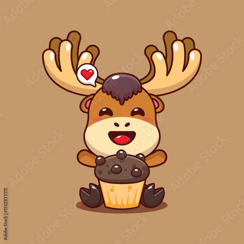 Cute moose with cup cake cartoon vector illustration