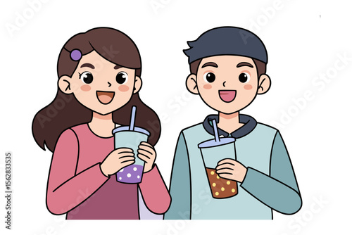 Bubble Tea Duo: Illustrated cartoon featuring a cheerful young girl and boy enjoying their bubble tea, perfect for showcasing fun and trendy beverage culture.