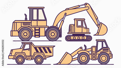 Illustration of various construction vehicles including excavators bulldozers and dump trucks in flat minimalist style