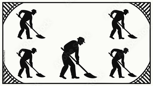 Silhouetted worker with a shovel in action against a white background within a decorative frame