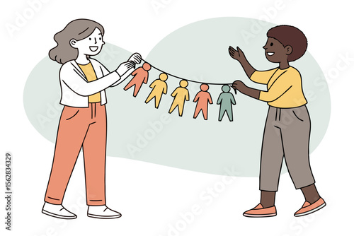 Joyful Connections: Two individuals from diverse backgrounds, their faces alight with smiles, collaborate in the creation of a human chain, representing unity, collaboration.