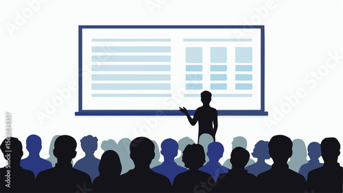 Silhouette of a presenter giving a presentation to an audience in front of a screen with charts and text