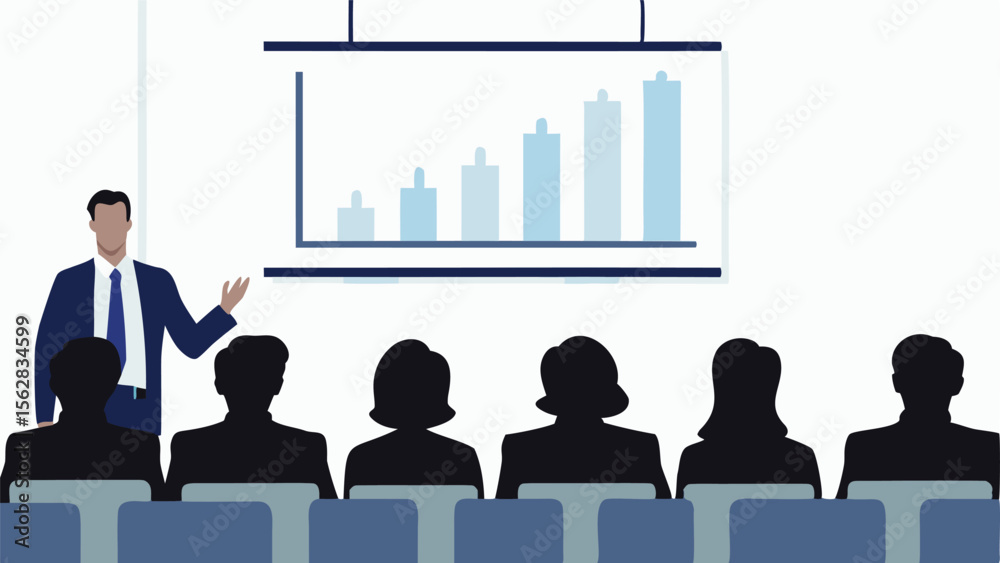 Obraz premium Man presenting growth chart to audience in a meeting with business presentation and bar graph shown