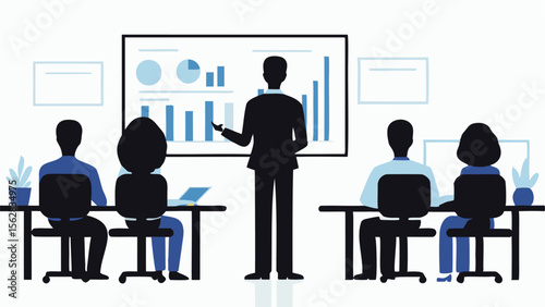 A presenter giving a presentation to a group of people in a conference room with charts and graphs shown
