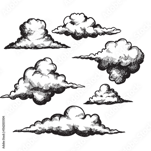 Hand drawn ink clouds set of vector graphics for decorative designs weather and climate