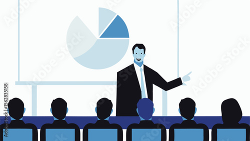 Man presenting a pie chart to an audience in a meeting room with a whiteboard and chairs visible