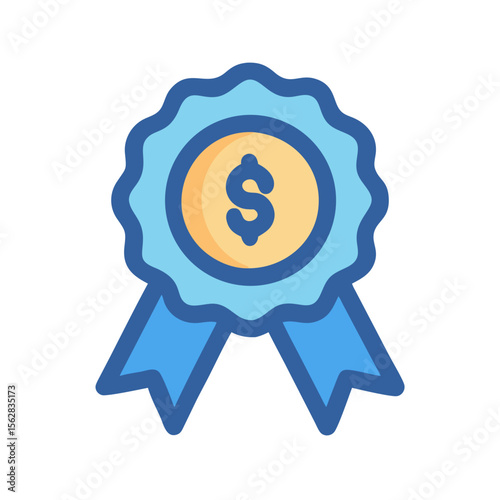 Blue ribbon dollar icon for business achievement concept