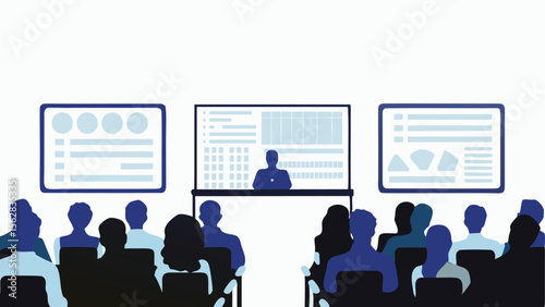Illustration of a presentation with a speaker and audience with screens showing data dashboards and charts