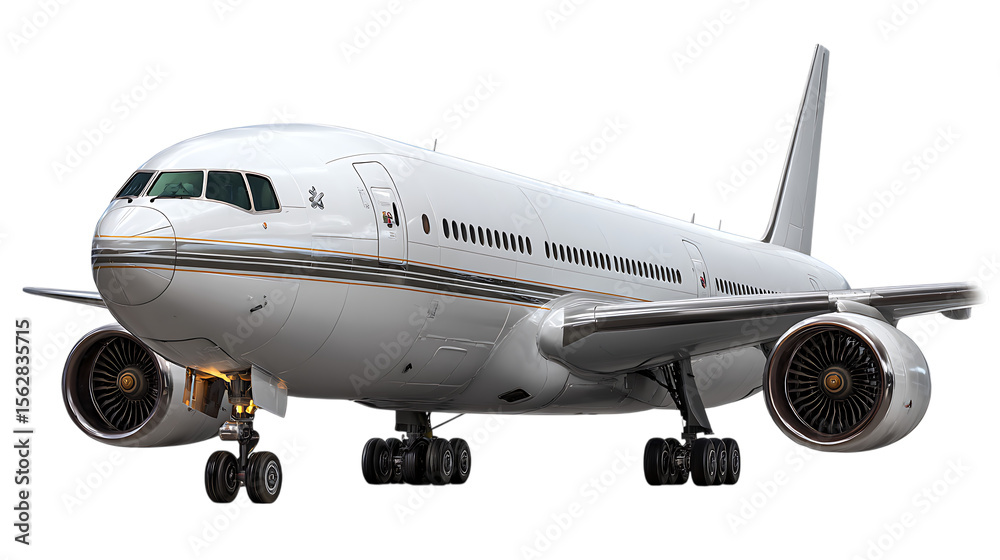 Obraz premium Luxurious white private jet with detailed engines and landing gear on a black background