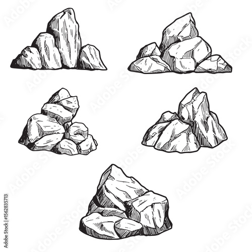 Hand drawn stone and rock ornament set in black and white for nature and design elements