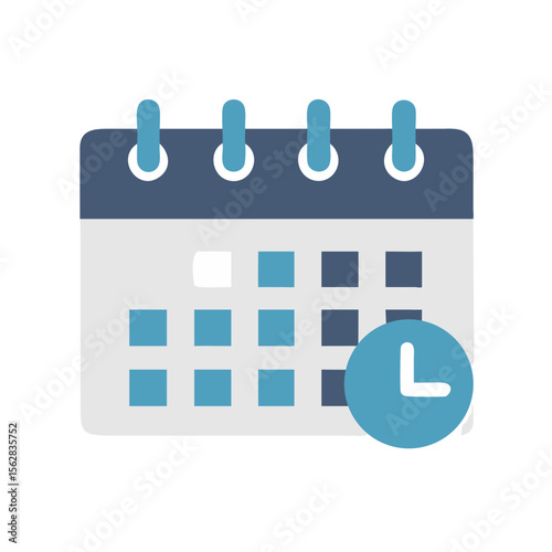 Flat calendar icon with a clock over black background