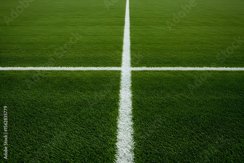 a green grass field with a thick white line running horizontally across the center. Thick horizontal white painted line is running across green grass turf in flat vector illustration, wallpaper,