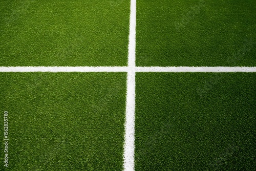 Thick horizontal white painted line is running across green grass turf in flat vector illustration, a well maintained green grass field with a thick white line running horizontally across the center. 