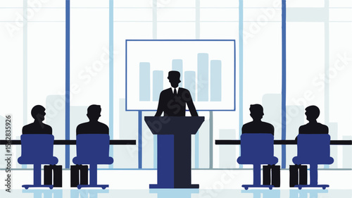Silhouette of a presenter at a podium with a graph behind and audience members seated at tables