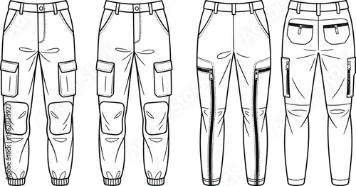 Front and back flat sketch vector illustration of cargo pants with patch pockets, zipper detail, knee panel, jogger cuff fashion design