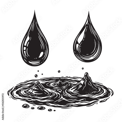 Ink drop splash impact with water surface illustration set ornament style black and white design