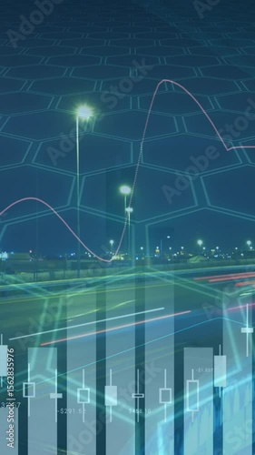 Animation of data processing over cityscape and shapes