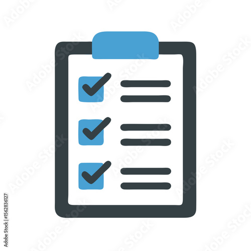 Completed checklist on blue clipboard with black background graphic