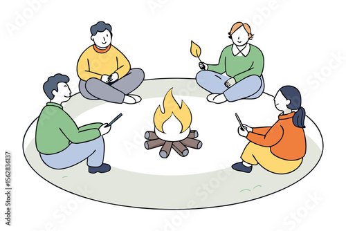 Campfire Story: A group of friends are gathered around a bonfire, sharing stories and laughter under the stars, surrounded by the warm glow of the fire, creating a sense of community and togetherness.