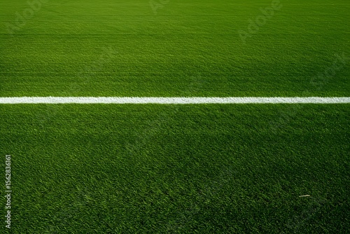 Thick horizontal white painted line is running across green grass turf in flat vector illustration, a well maintained green grass field with a thick white line running horizontally across the center. 