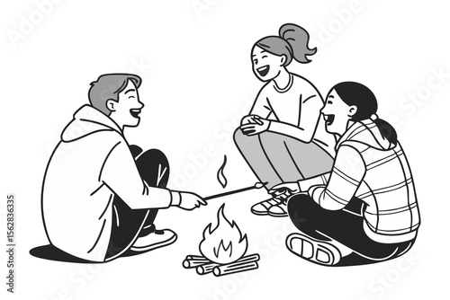 Campfire Story: Capturing the essence of a joyous and memorable gathering, this monochrome illustration of friends laughing together around a campfire.