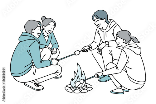 Cozy Camping Conviviality: A group of friends joyfully gathers around a crackling campfire, roasting marshmallows and savoring the simple pleasures of outdoor camping in a lively illustrative photo.