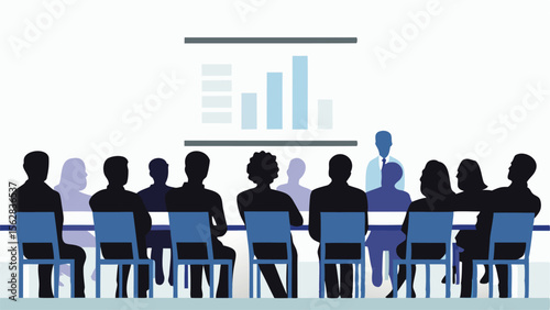 Illustration of a business meeting with people sitting around a table and a chart presentation shown